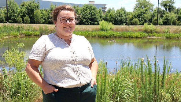 Allie Hobgood, General Manager of Corporate Responsibility standing in front of the pond located on theLiebherr USA, Co. campus in Newport News, Virginia.
