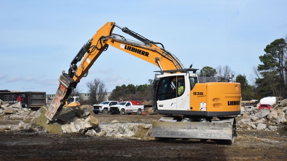 East Coast Demolition operating Liebherr R936 compact excavator in the Liebherr Mining Equipment Newport News campus.