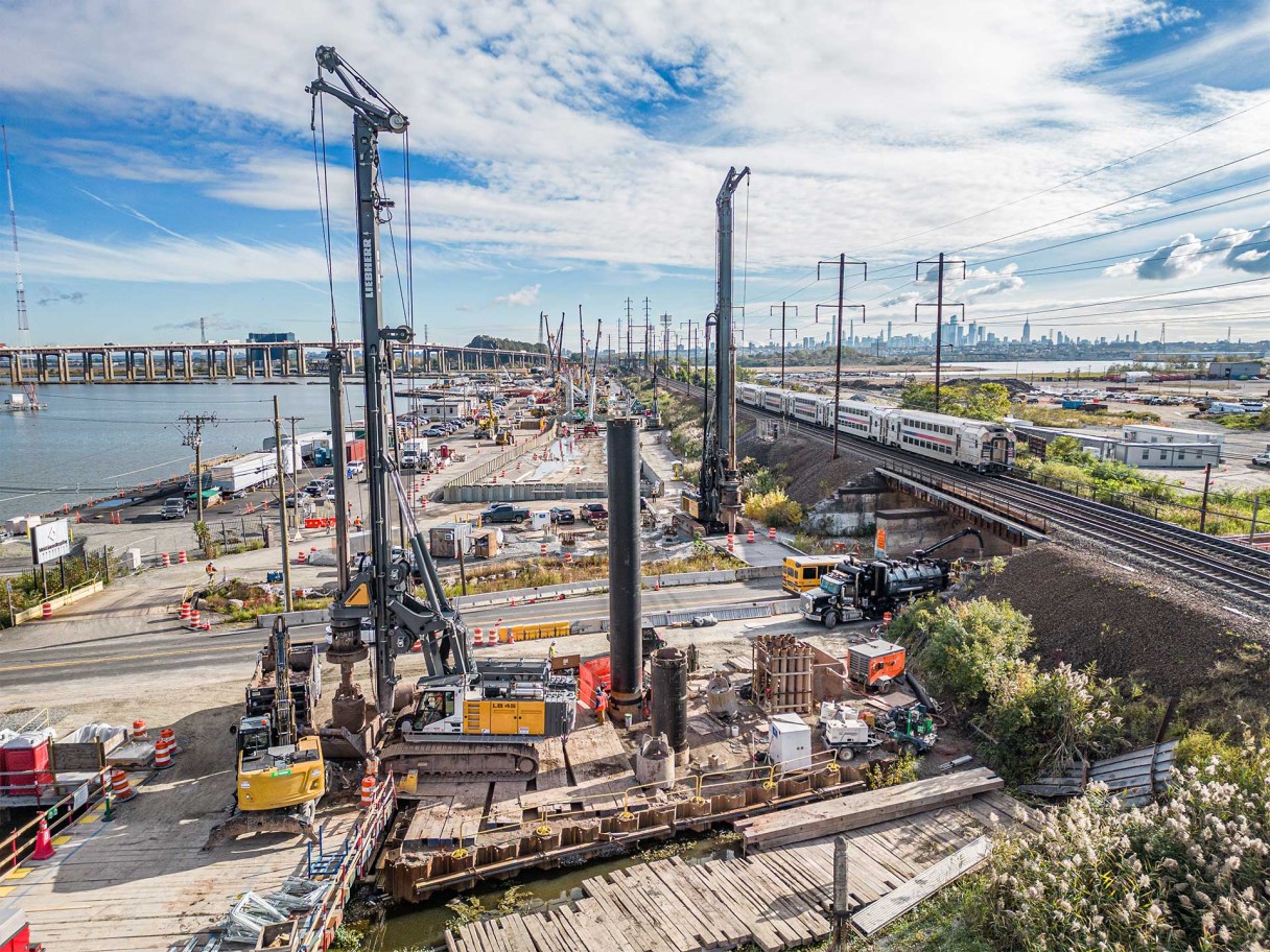 Liebherr LR 1300 crawler crane in lifting application for the North Portal Bridge on the Hackensack River in New Jersey skyline.