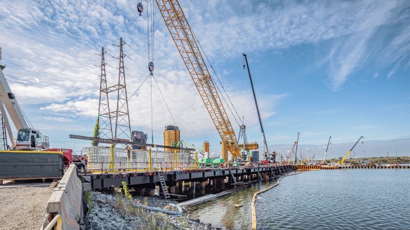 Liebherr LR 1300 crawler crane in lifting application for the North Portal Bridge on the Hackensack River in New Jersey skyline.
