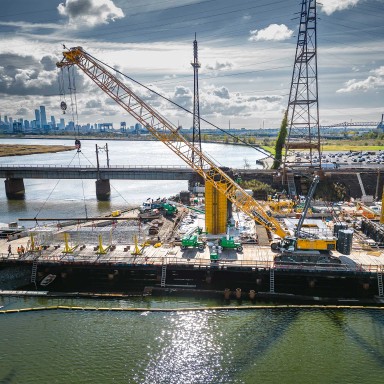 Liebherr LR 1300 crawler crane in lifting application for the North Portal Bridge on the Hackensack River in New Jersey skyline.