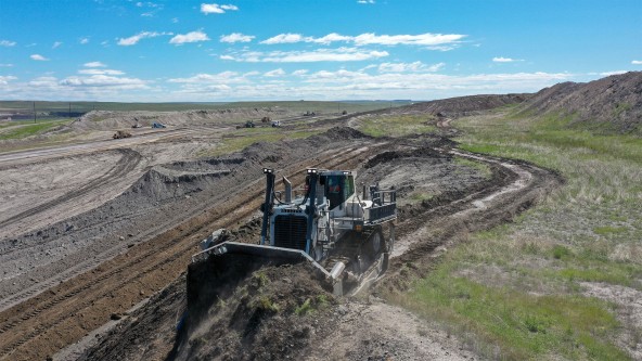 White Liebherr PR 776 dozer operating at the Belle Ayr Mine in Wyoming