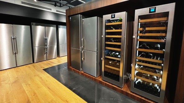 Liebherr freestanding wine storage and freestanding refrigerators and freezers located in the showroom of Liebherr USA, Co. in Miami, Florida.