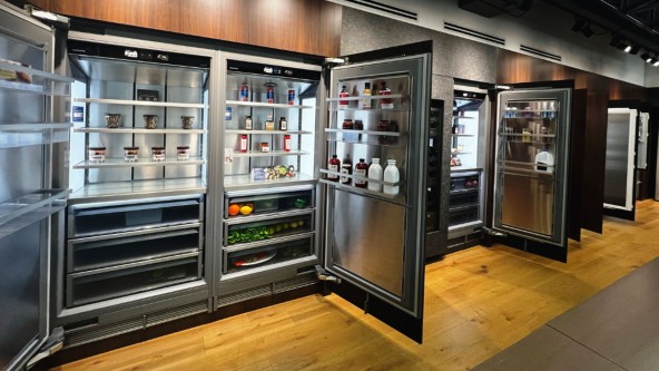 Liebherr monolith built-in refrigerators and freezers located in the showroom of Liebherr USA, Co. in Miami, Florida.